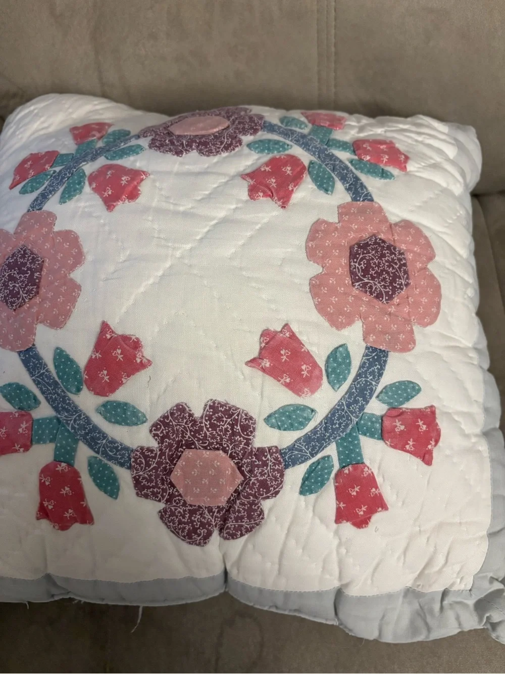 Vintage 90s Elevated Coquette Hand-Quilted Floral Appliqué Square Pillow